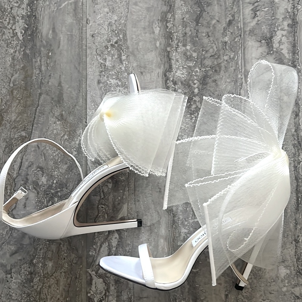 Jimmy Choo Aveline 100 Sandals w/Asymmetric Grosgrain Mesh Fascinator Bows NEW - Picture 13 of 16